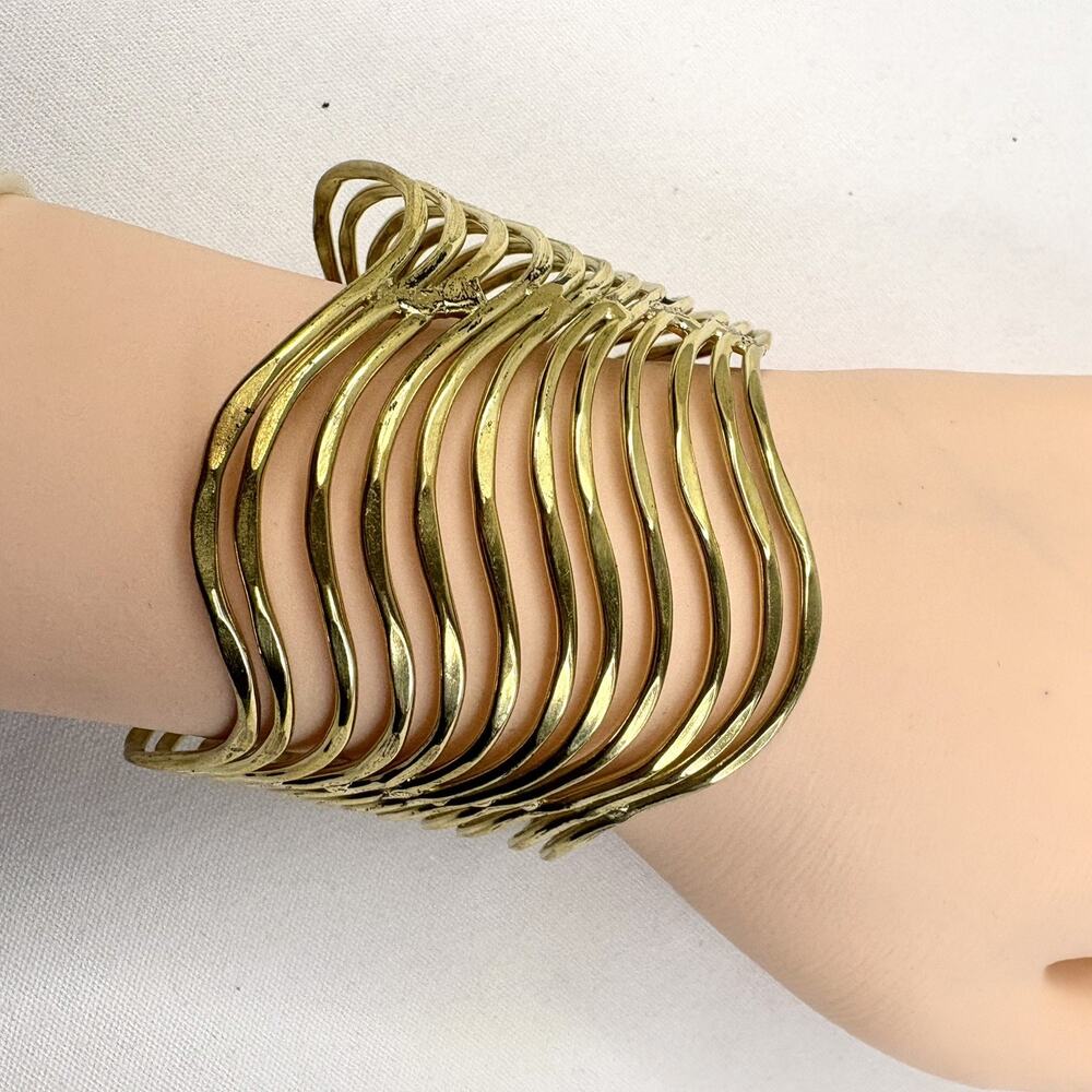 Women’s Wide Wavy Cuff Gold Plated Open Bracelet 2”